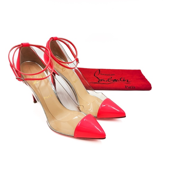 Christian Louboutin Patent Leather PVC Neon Pink Ankle Strap Pumps Heels 38 - Picture 1 of 8